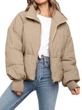 Women’s Puffer Jacket Quilted Baggy Long Sleeve Zip Down Jacket Outerwear Khaki